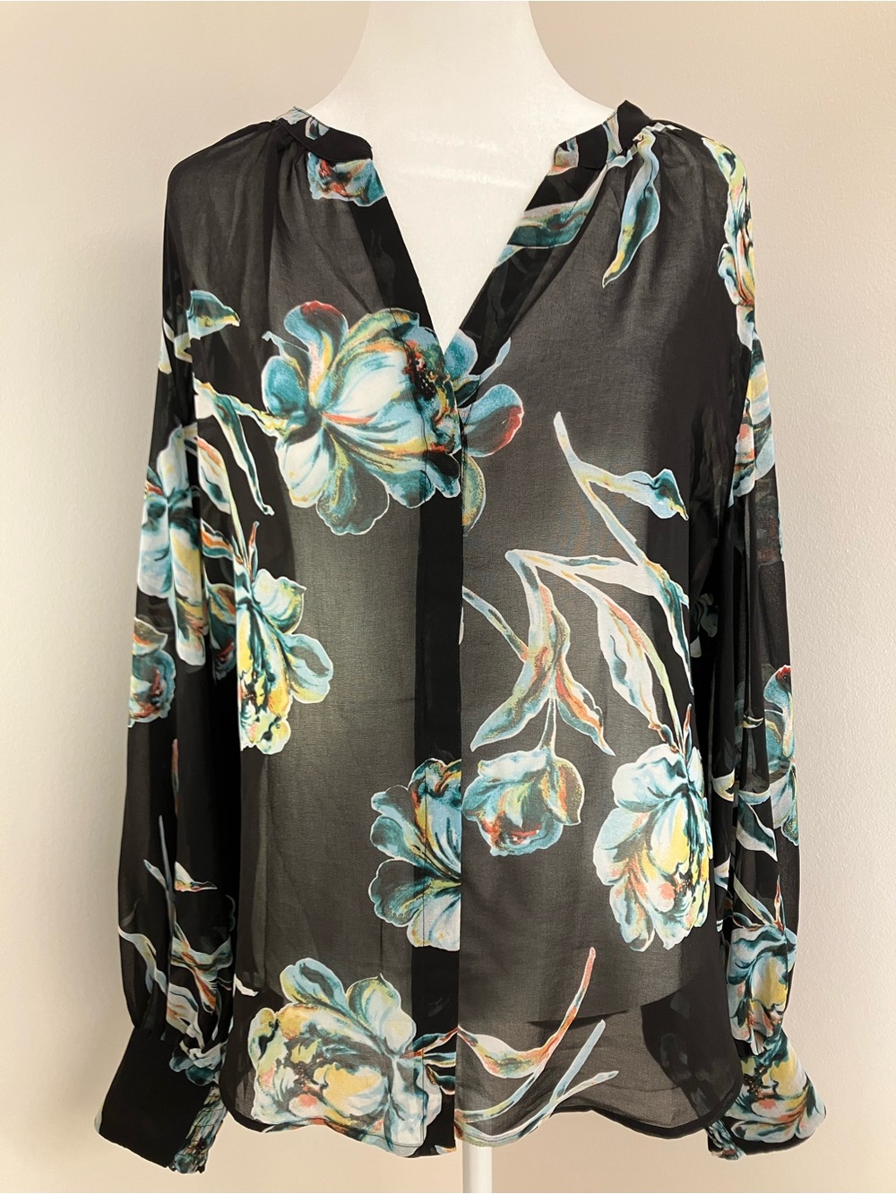 Chico's Black Sheer Floral Split-Neck Blouse